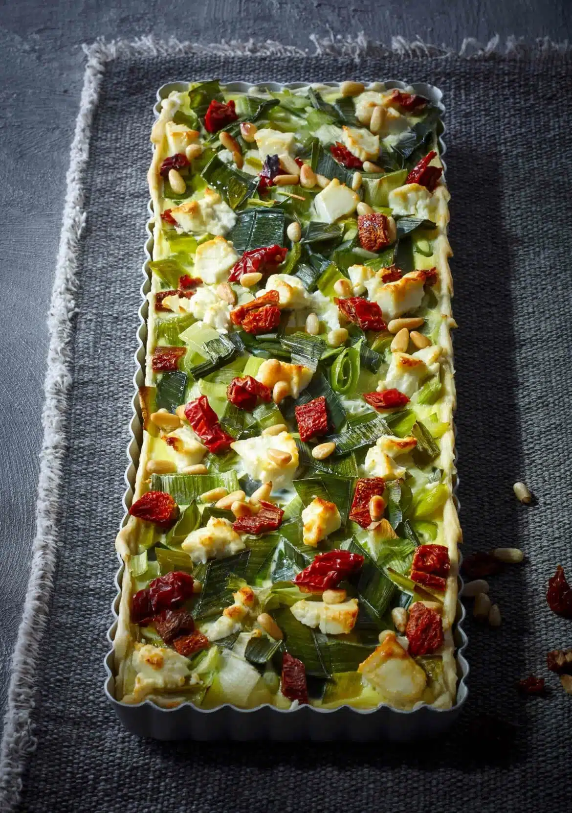 Leek Quiche with Feta, Dried Tomatoes & Pine Nuts