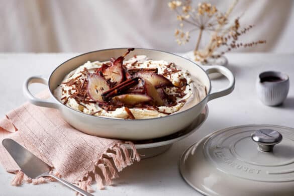Chocolate Pavlova with poached pear